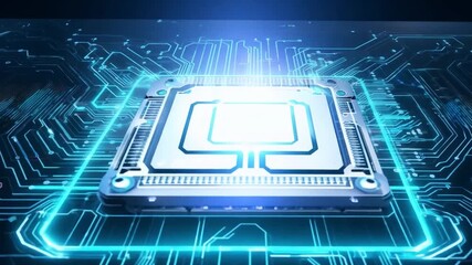 Poster - A close-up shot of a silver processor chip with glowing blue lines around it, set against a dark background.
