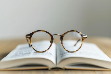 Aufkleber - Round eyeglasses rest on a white, open book against a minimalist background. Generative AI