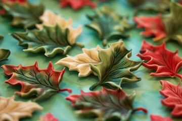 Poster - Colorful handmade autumn leaves made from sugar paste lying on green background