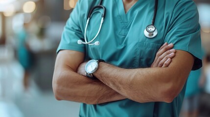 Wall Mural - Stethoscope and Strength: A close-up of a doctor's crossed arms and stethoscope, conveying expertise, confidence, and readiness in a modern medical setting. 