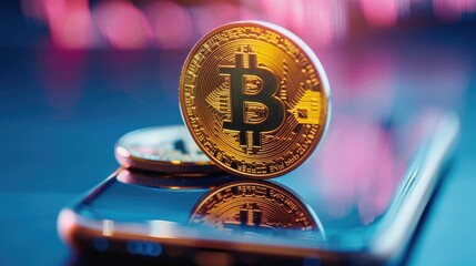 Poster - Bitcoin coins with stock market charts shown on a smartphone screen