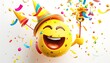 ©  Shahr Bano - emoji icon of a face with a party blower and hat celebrating with confetti rendered in bright yellow set against a white background The expression is joyful and festive