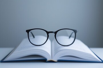 Aufkleber - Black framed eyeglasses rest on an open book with a white minimalist background. Generative AI