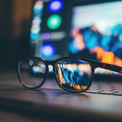 Wall Mural - Close-up shot of eyeglasses resting on a computer keyboard, reflecting a blurred computer screen with bright colors. Generative AI