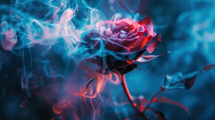 Wall Mural - A rose surrounded by ethereal smoke, illuminated by blue and pink light, creating a mysterious and enchanting atmosphere.