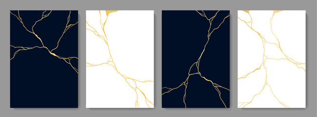 Golden kintsugi cracks, marble texture pattern, white and black floor tile. Vector vertical backgrounds intertwine graceful veins and gold broken seams, embodying the Japanese aesthetic
