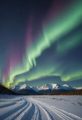 the northern lights dancing across the night sky above a snow-covered landscape.