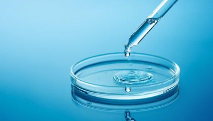 Pipette with transparent cosmetic liquid, glass petri dish on blue background. Face serum. Close-up