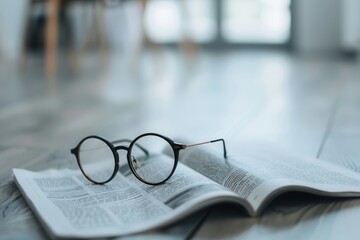 Wall Mural - A pair of eyeglasses rests on an open book against a blurred background. Generative AI