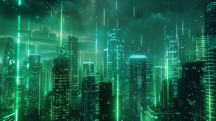 Poster - A cityscape with tall buildings and neon lights. The city is lit up and he is futuristic