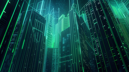 Poster - A cityscape with tall buildings and neon lights. The city is lit up and he is futuristic
