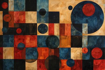 Poster - An artwork featuring various circles and squares arranged on a canvas, Harmony and discord depicted through the interaction of circles and squares, AI Generated