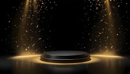 Background black podium stage gold award glitter light 3d platform product golden pedestal. Podium show black background abstract elegant ceremony dark display spotlight effect confetti night scene