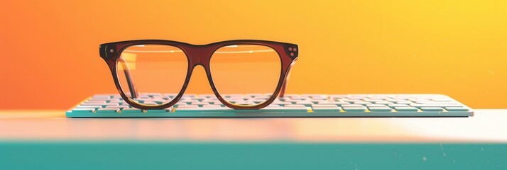 Aufkleber - A pair of eyeglasses rests on a modern, white keyboard against a vibrant orange backdrop. Generative AI