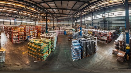Poster - A panoramic view of a massive warehouse, with goods stored in various sections based on category and priority