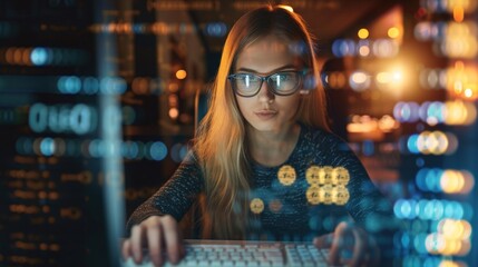 Fototapete - Woman in glasses typing on a keyboard with a blurred background of code and lights