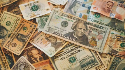 Poster - A pile of money, consisting of various global currencies, symbolizing international financial success and the rewards of global business ventures.