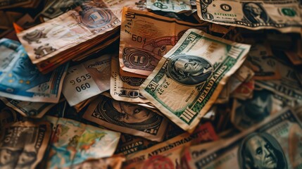 Poster - A pile of money, consisting of various global currencies, symbolizing international financial success and the rewards of global business ventures.