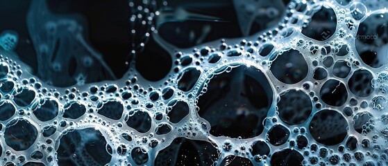 Abstract background of soap foam on black water, top view.