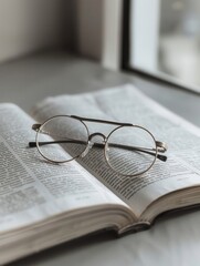 Aufkleber - Round eyeglasses rest on an open book on a windowsill. Generative AI