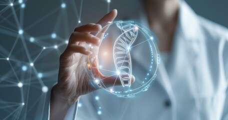 Poster - A Hand Reaching Out to Grasp a Glowing DNA Model Within a Network of Light