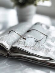 Aufkleber - Eyeglasses rest on an open book with a minimalist background. Generative AI
