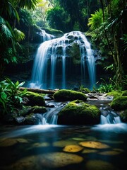 Wall Mural - Lush jungle waterfall Tropical forest scene with cascading water for vibrant wallpaper - high contrast