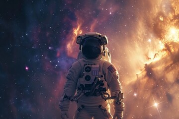 a man dressed in a space suit stands in front of a majestic galaxy, highlight a space suited astrona