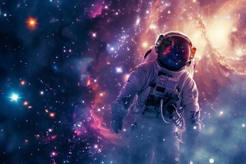 an astronaut stands in the middle of a vast space, surrounded by countless stars, highlight a space 