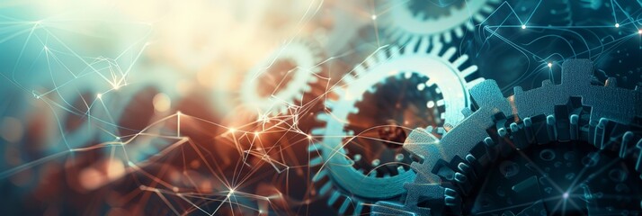Poster - Mechanical gears with interconnected lines and light effects. Symbolizes industrial engineering and technological advancement.