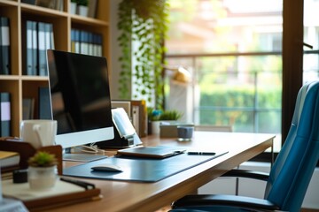 Poster - A desk with a computer monitor displaying information, a keyboard, and a mouse, ready for work, Highly organized and neat business office, AI Generated