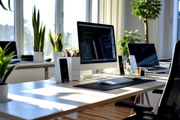 Poster - A desk with a computer and a laptop sitting on top, Highly organized and neat business office, AI Generated