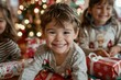 © Milos - A cheerful child with a beaming smile is surrounded by beautifully wrapped Christmas gifts in a festive setting, exuding joy and anticipation for the holiday season.
