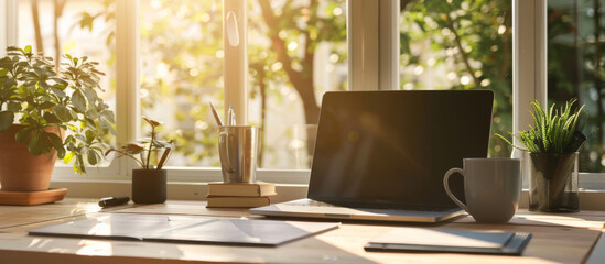 Window, laptop screen and interior with electronics on desk, proposal and business research with digital. Remote work, technology and sunshine by table for freelance, coffee and banner in home office