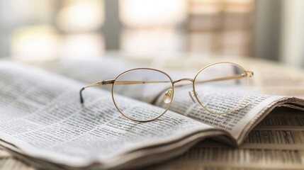 Aufkleber - A pair of eyeglasses rests on an open book, the blurred background emphasizing the simplicity of the scene. Generative AI