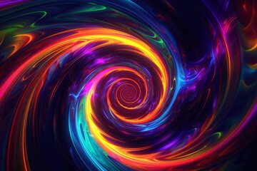 Poster - A vibrant and dynamic swirl of various colors stands out against a black background, Hypnotic spirals in a fusion of neon and dark colors, AI Generated