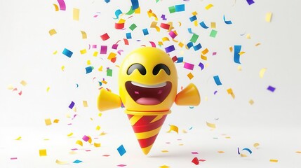 joyful 3d rendered yellow party popper emoji bursting with colorful confetti playful celebration icon against white background