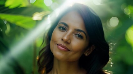 Wall Mural - A woman with dark hair and brown eyes is standing in a lush green forest. She is wearing a red dress and a necklace