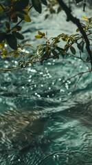 Wall Mural - Green leaves cascade over the surface of a shimmering stream