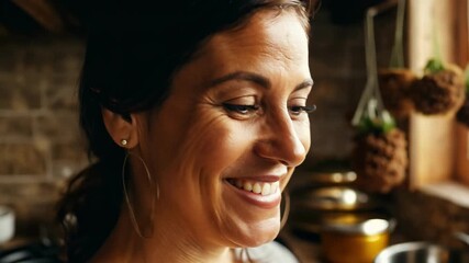 Wall Mural - A woman with a big smile on her face. She is wearing earrings and has her mouth open