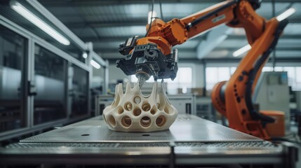 Poster - Showcase a factory floor where robots are engaged in 3D printing large-scale components, highlighting the innovation