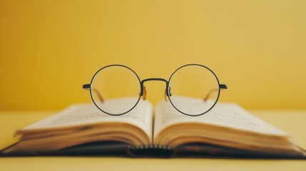 Fototapete - A pair of round eyeglasses rests on an open book, with a minimalist yellow background. Generative AI