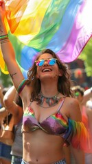 Wall Mural - A woman exuberantly celebrates at a pride event, adorned in rainbow attire, holding a pride flag. Her joy and liberation are evident in a festive, inclusive atmosphere with fellow celebrants.