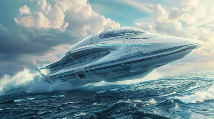 Poster - Showcase a futuristic hydrofoil ship with retractable foils that reduce drag and increase speed