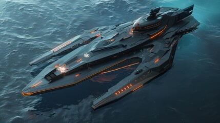 Poster - Showcase a futuristic naval warship with stealth technology and modular armaments, designed for enhanced defense capabilities