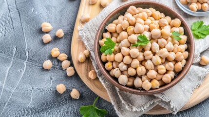 Wall Mural - A bowl of cooked chickpeas sits on a white table with parsley sprigs and scattered chickpeas