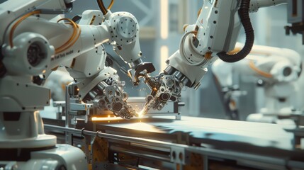 Aufkleber - Showcase a futuristic production line where robots use laser cutting and 3D printing technologies to create complex parts,