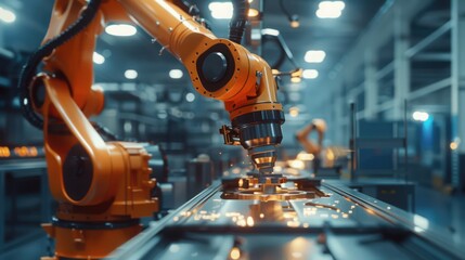 Aufkleber - Showcase a futuristic production line where robots use laser cutting and 3D printing technologies to create complex parts,