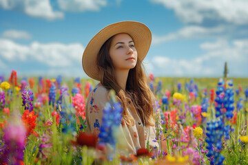 Wall Mural - Woman hiking through a blooming field of flowers