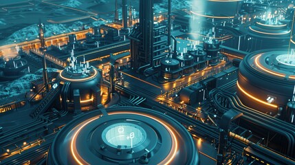 Poster - showcase a high-tech energy plant where advanced robots manage the production